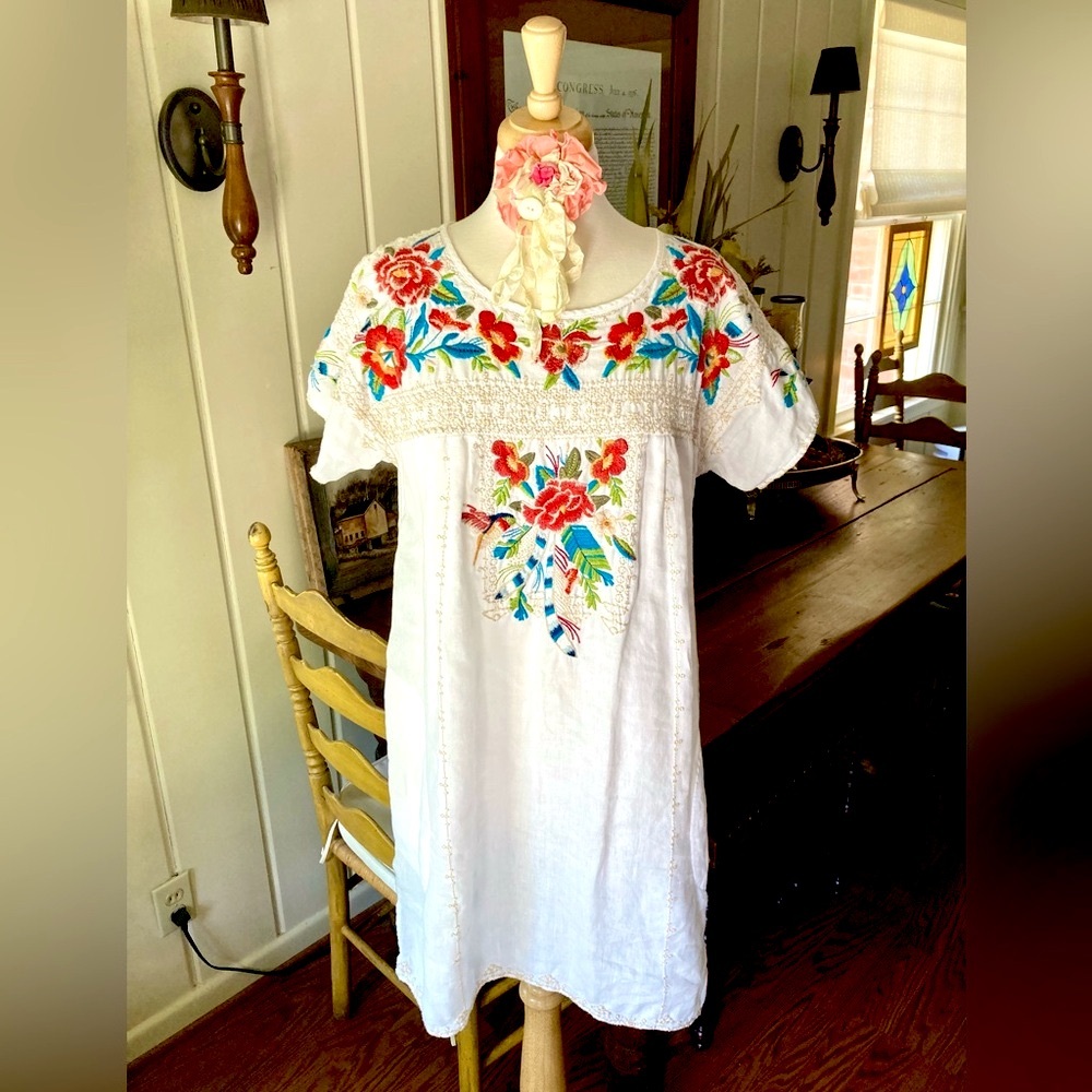 Johnny Was White Linen Mexican Dress with Red and Blue Floral Embroidery